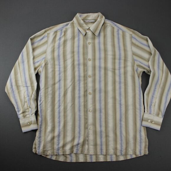 Tommy Bahama Silk Long Sleeve Shirt Men’s Large Brown Blue Beige Striped - Picture 1 of 6